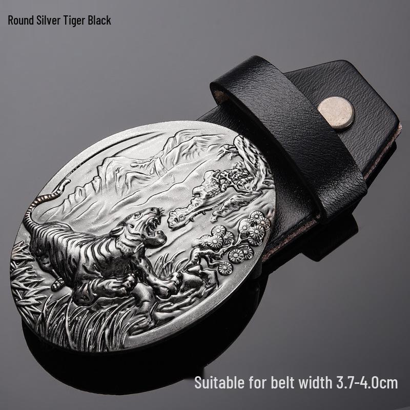Tiger Head Alloy Western Cowboy Leather Belt with Smooth Buckle