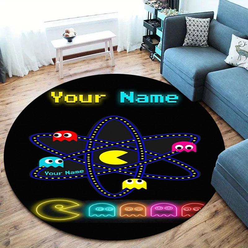 Pac-Man Custom Name Round Area Rug,Carpet Rug for Living Room Bedroom Sofa Playroom Decor,Non-slip Floor Mat