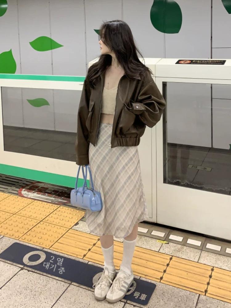 Harajuku Chic Frühling Elegante Lange Rock Frauen Französisch Plaid Retro A-Linie Süße Kleidung Weibliche Vintage Hohe Taille Casual Midi Röcke