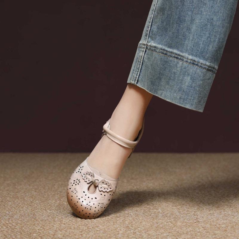 National retro style Baotou Baotou sandals new summer first-layer cowhide thick heel soft sole versatile cheongsam shoes