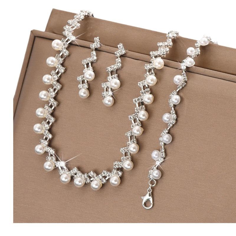 Super sparkling full diamond pearl necklace earrings suit bridal jewelry three-piece set