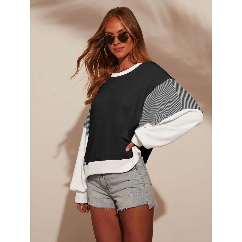 

Весенне-осенняя женская толстовка больших размеров в полоску с круглым вырезом и длинными рукавами XL чёрный