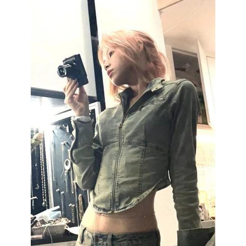 90s Vintage Short Denim Jacket Women Harajuku Grunge Slim Zipper Jean Jacket Korean Washed Cropped Coats Y2K Streetwear