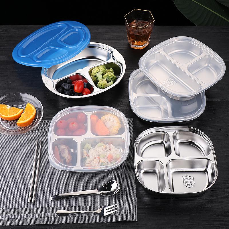 Kids' Cartoon 304 Stainless Steel Divided Dinner Plate with Four Deep Compartments, Ideal for Kindergarten and Primary School Students.