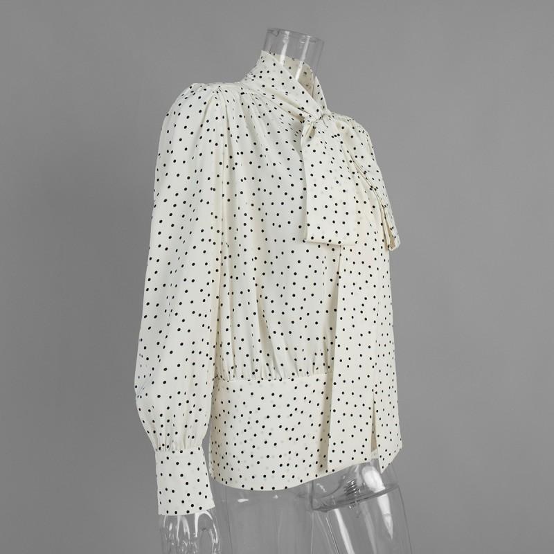 French Polka Dot Tie Shirt 2026 Loose Chiffon Blouse Long Sleeve Bubble Top