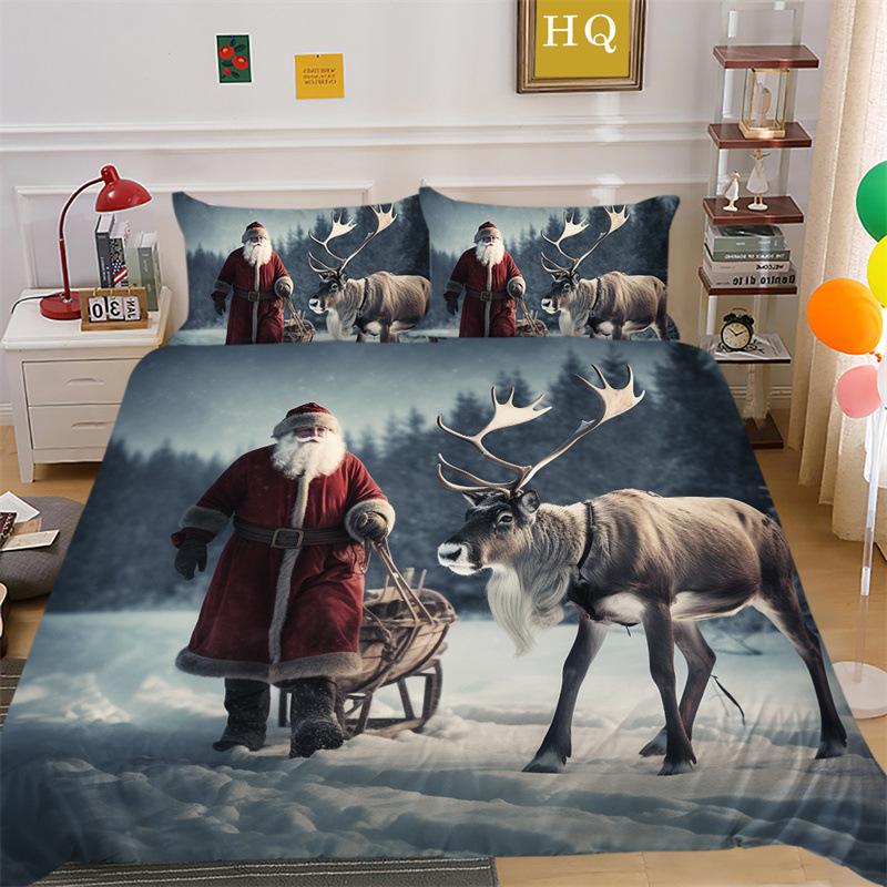 Jultomte Älg 3D-printad Polyester Kuddfodral Täcke Överdrag Två Eller Tre Delars Set