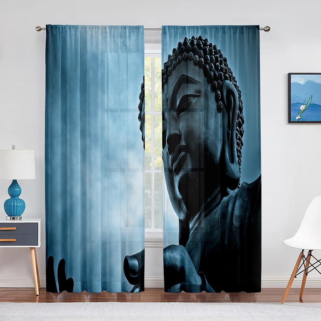 Buddhist Buddha Statue Golden Light Sunset Thin Curtain for Living Room Kitchen Window Bedroom Decor Curtains 2panels Rod Pocket