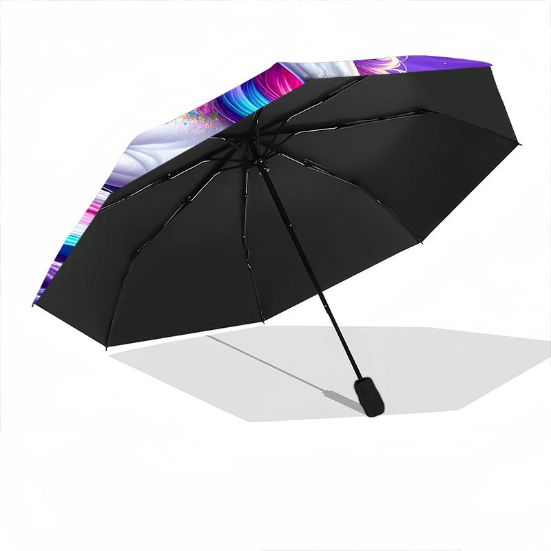 1pc Purple Unicorn Umbrella Portable Folding Umbrella Iron Frame Hole Bone Structure Outdoor Home Umbrella