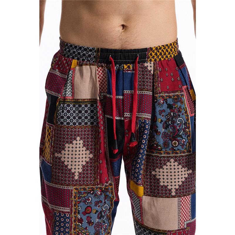 Pánské lněné kalhoty s boho kmenovým potiskem, bavlněné letní ležérní stahovací kalhoty pro venkovní sport, běžecké jogger tepláky