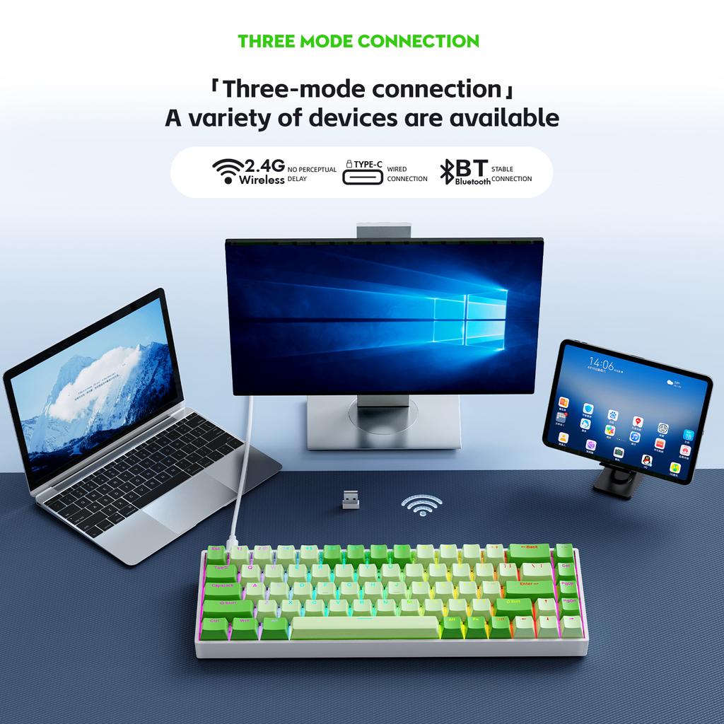 Customizable 68-Key RBG Backlit Wired Mechanical Keyboard 2.4G+BT Hot Swappable Low Profile Plastic Keys for Gaming Computer