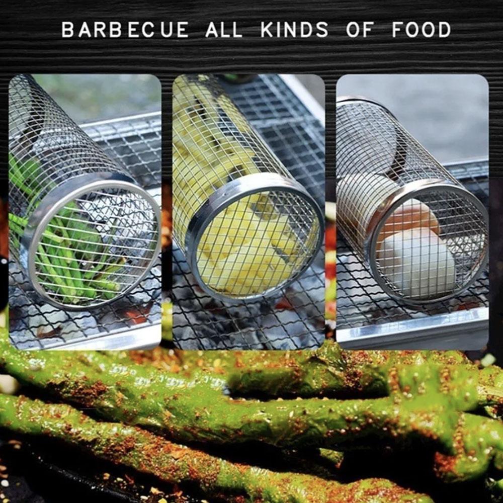 Rolling Grillkäfig Versorgung Grillkorb verbesserte Outdoor-BBQ Edelstahl Grillfass Grill-Tools