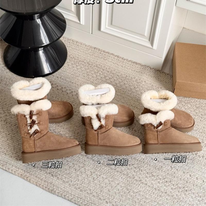 Thick-soled snow boots with integrated fur, winter new horn buckle, medium tube, piled and thickened warm cotton shoes, women
