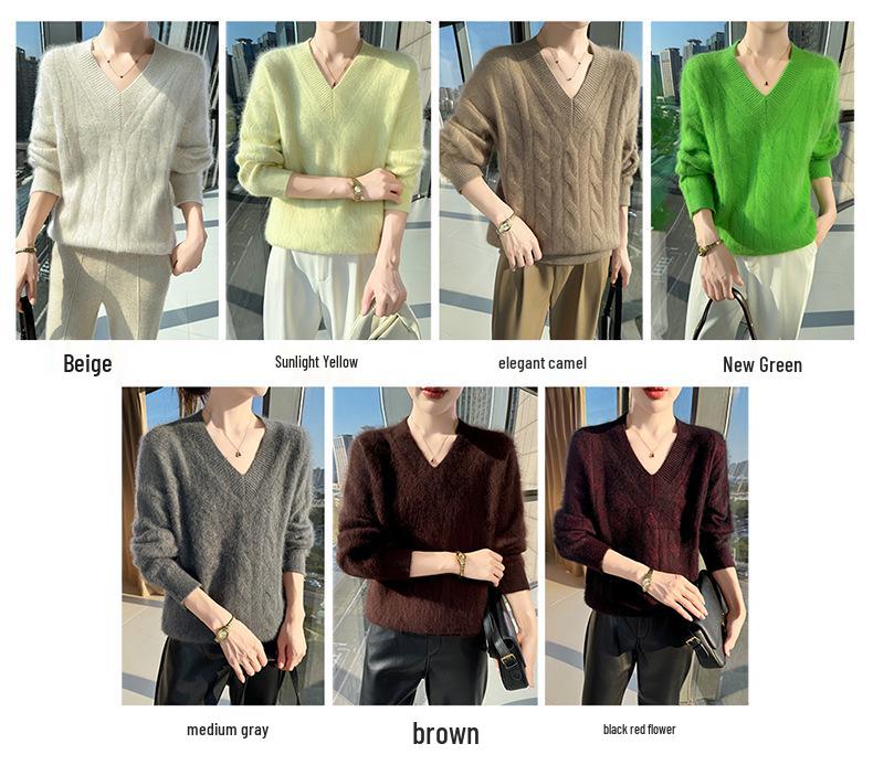 Lekasha 100% Cashmere V-Neck Loose Knit Sweater for Women - Solid Color Winter Base Layer Top