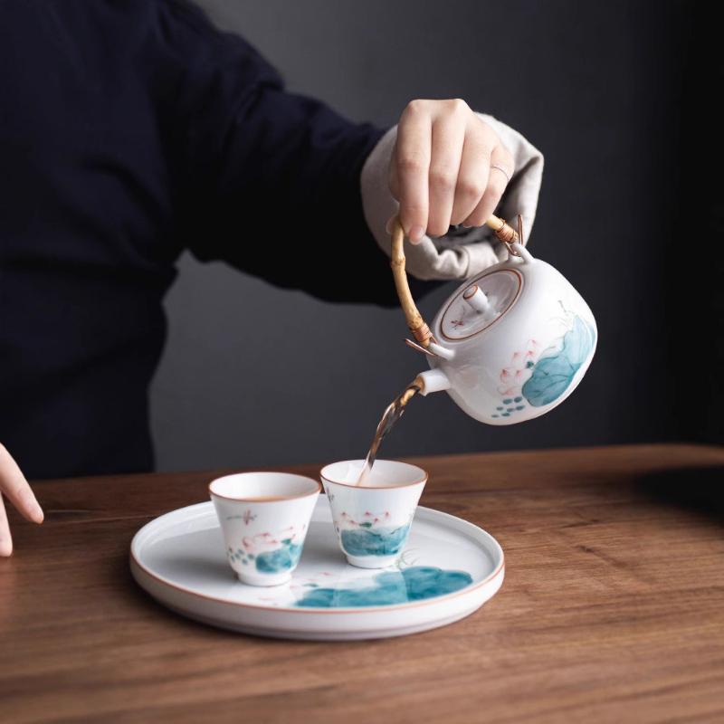 Hand Painted Lotus Ceramic Teapot with Bamboo Handle Vintage Style Portable Infuser for Home Office Gongfu Tea Brewing Gift