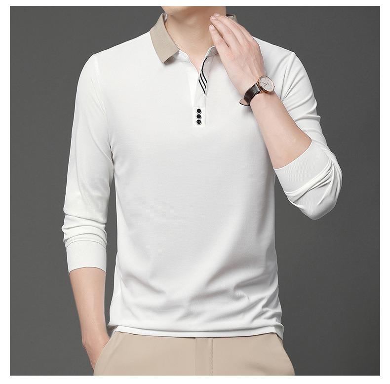 Polo de Manga Comprida Masculino de Primavera Gola Virada Cor Sólida Respirável Confortável Camisetas Casuais com Botões T-shirt Masculina