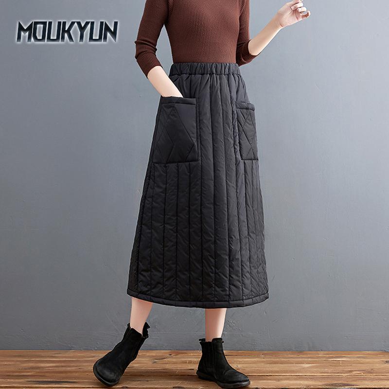 

Зима и осень новые утолщенные теплые хлопковые эластичные тонкие юбки с высокой талией и карманами черного цвета L