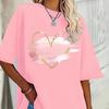 Women's New Pink Heart-shaped Elegant Printed T-shirt Spring and Summer Leisure Round Neck Short Sleeve Tops Aesthetic Clothes