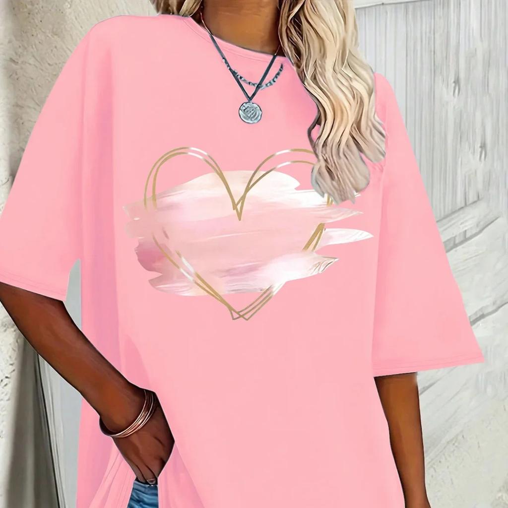 Women's New Pink Heart-shaped Elegant Printed T-shirt Spring and Summer Leisure Round Neck Short Sleeve Tops Aesthetic Clothes
