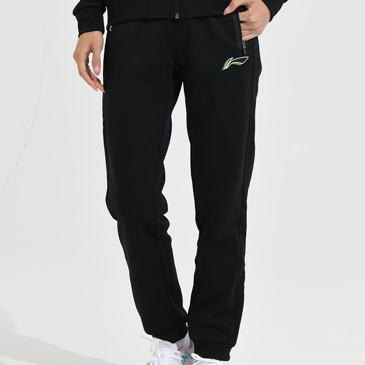 Li Ning Badminton Series Solid Color Logo Print Cuffed Fleece Casual Sports Pants Women bottoms Black AKLS986-2