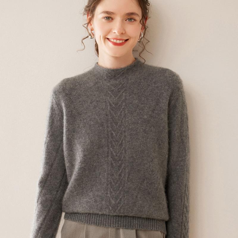 Women's Cable Knit Cashmere Pullover with Built-in Stand-up Collar Base Layer Sweater