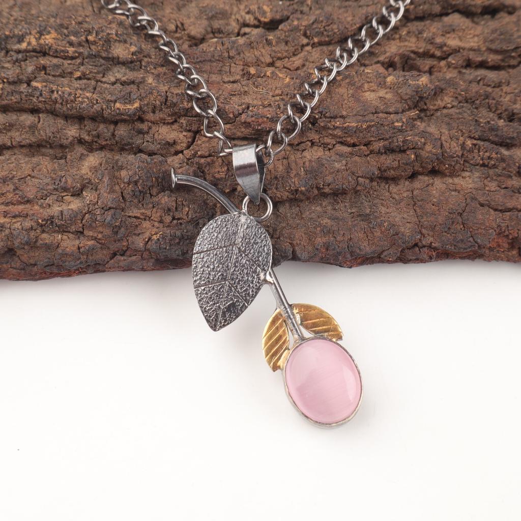 Oval Natural Pink Cat'S Eye Sterling Silver Best Sisters Gift Pendant Jewelry PP-55-28