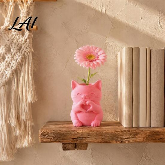 Small Animal Succulent Planter 3D Printed Cat Vase Cute Smiling with Heart‑Hand Gesture Flower Holder Whimsical Studio Display Props Shaped