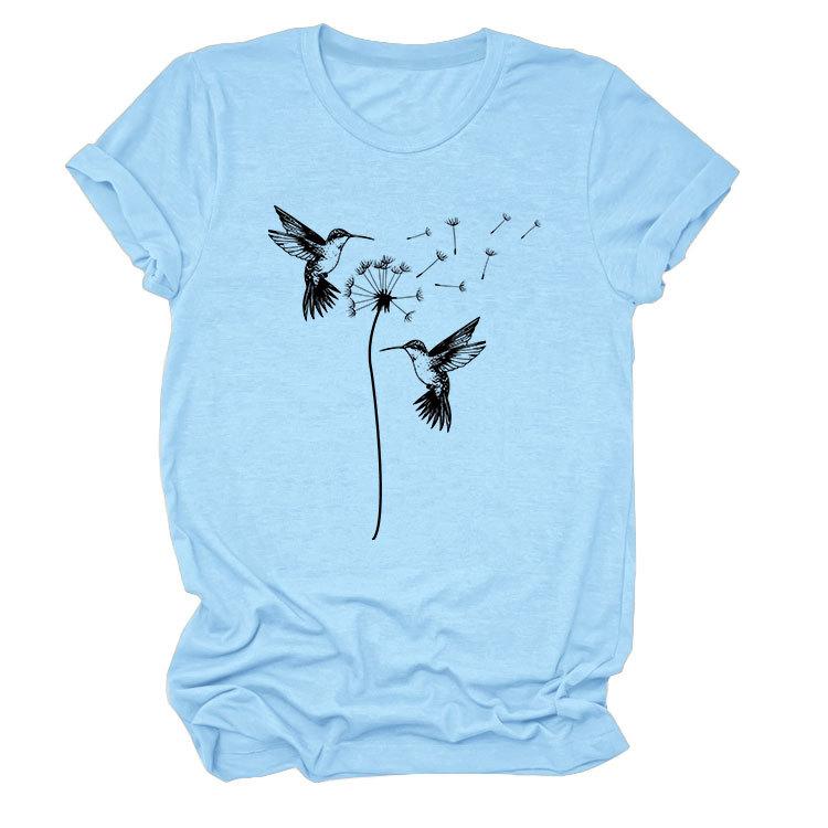 Sommer Rundhals Zwei Vogelmuster Druck Top Modische Lässige Kurzarm Damen T-Shirts