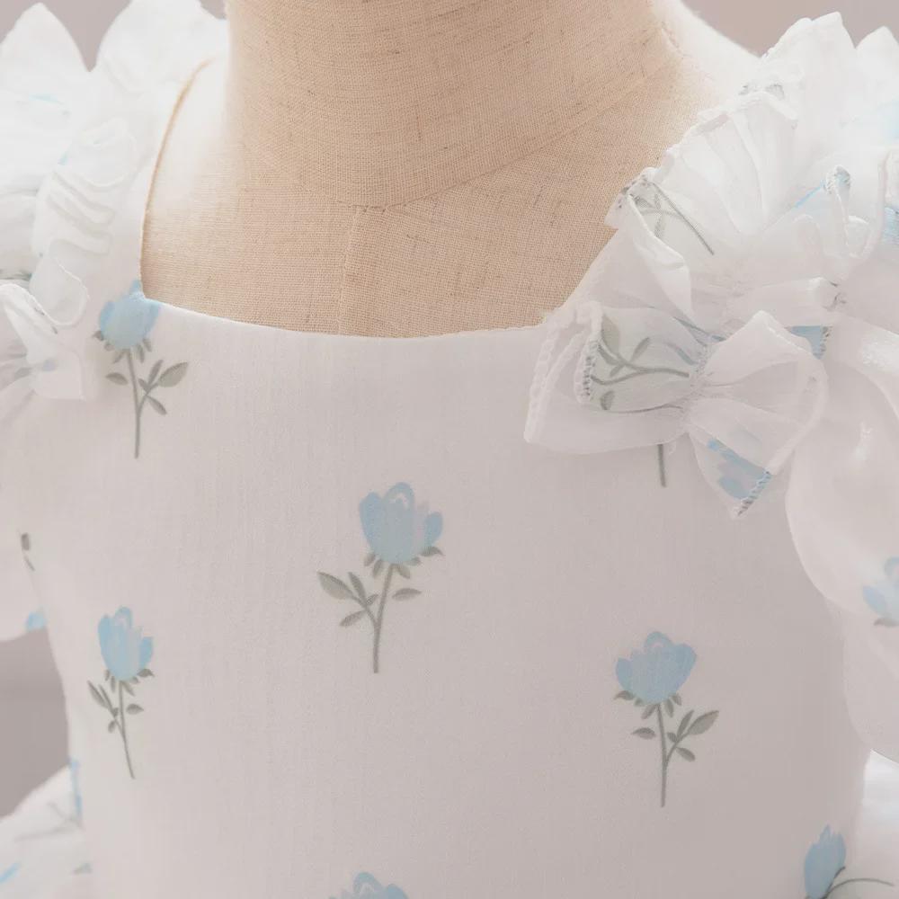 Flower Girl Princess Dress with Puff Sleeves and Floral Mesh Tulle Skirt for Weddings and Birthdays