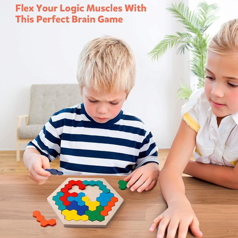 Hexagonal Holz Puzzles IQ Spiel Pädagogisches Spielzeug Für Kinder Kinder Erwachsene Tangram Bord IQ Denkaufgabe Montessori Spielzeug Geschenke