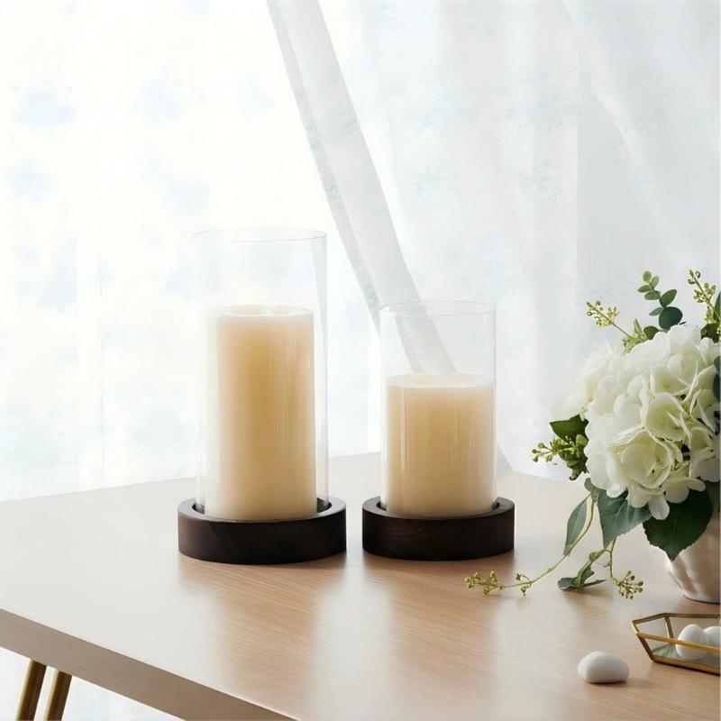 Set aus 2 klaren Glaszylinder-Vasen, winddichte Kerzenhalter mit Holzplatte für Blumenarrangements, Partytische und Wohnzimmerdekorationen
