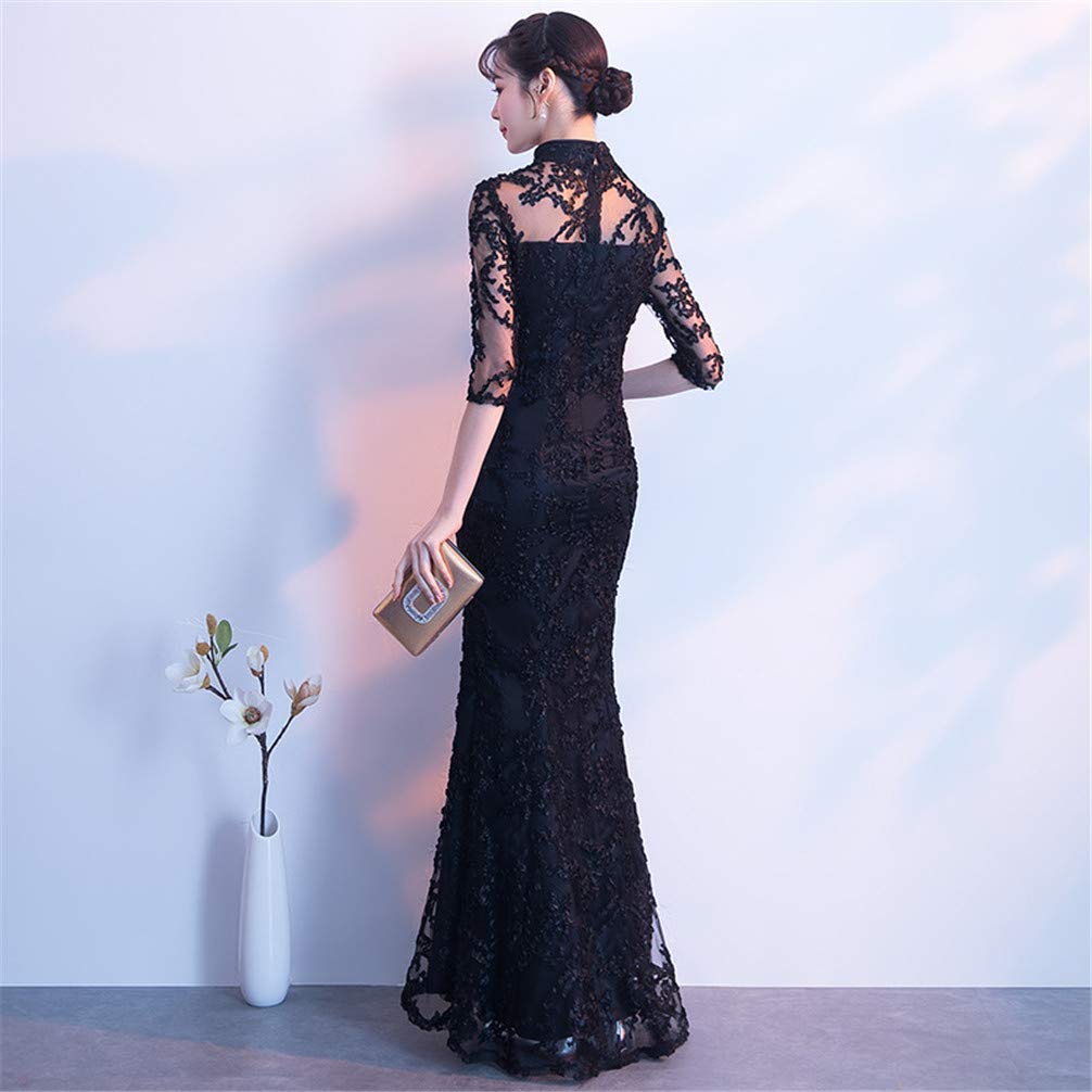 New Wedding Red Long Fishtail Slim Fit for Banquets [YUANYUAN] Autumn/Winter Cheongsam, Dress, (Black, XL)