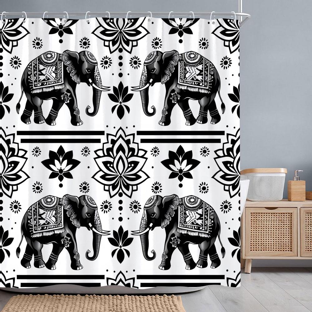 Black and White Elephant Shower Curtain Vintage Bohemian Floral Polyester Fabric Printed Bath Curtains Bathroom Decor with Hooks