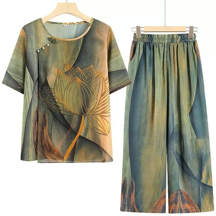 

2 шт./компл. Летняя женская блузка большого размера, брюки с широкими штанинами, комплект из двух предметов, свободная повседневная футболка с принтом 8XL