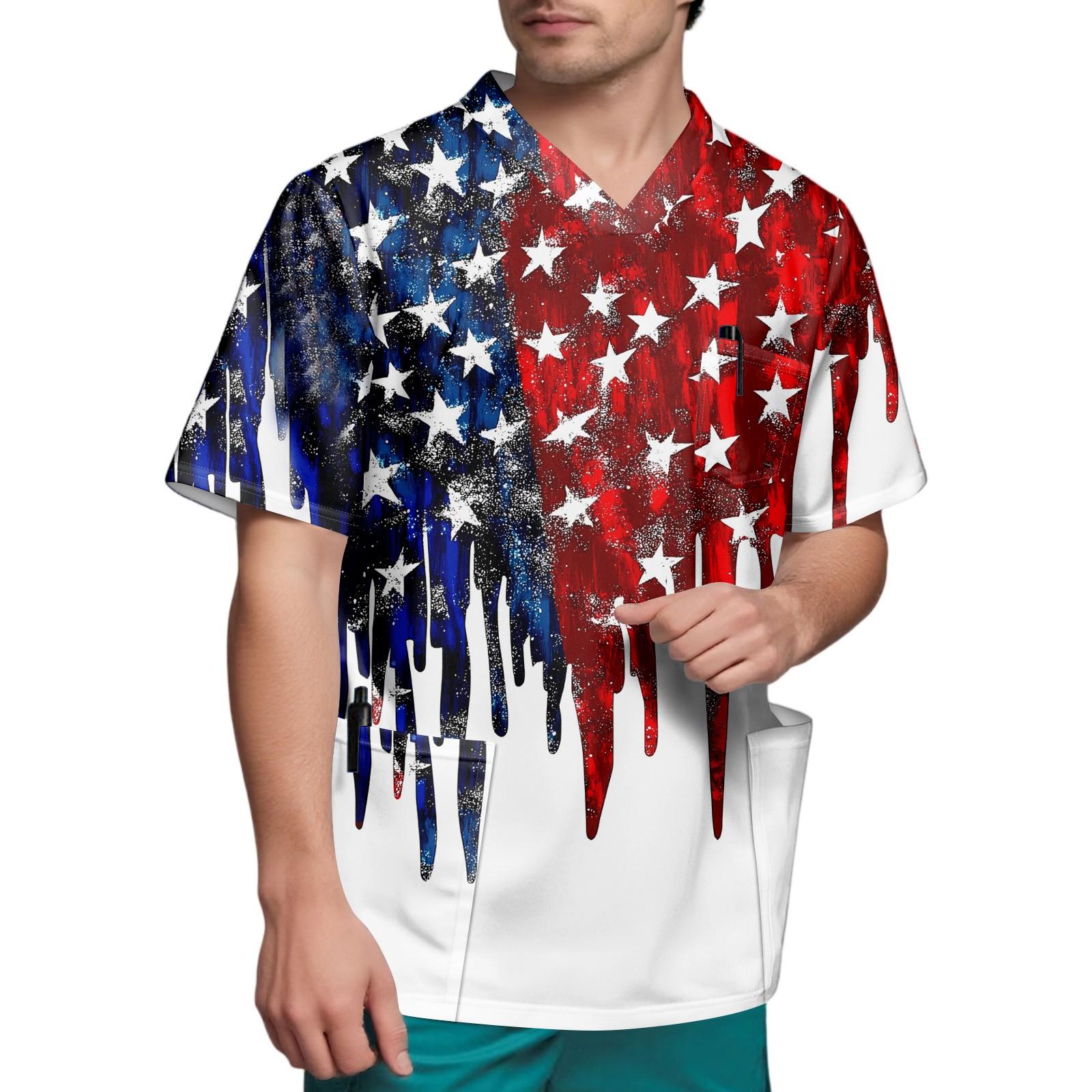 

Чоловіча нагрудна кишеня для доглядальника з принтом до Дня незалежності з V-подібним вирізом і короткими рукавами XXL Темно-синій