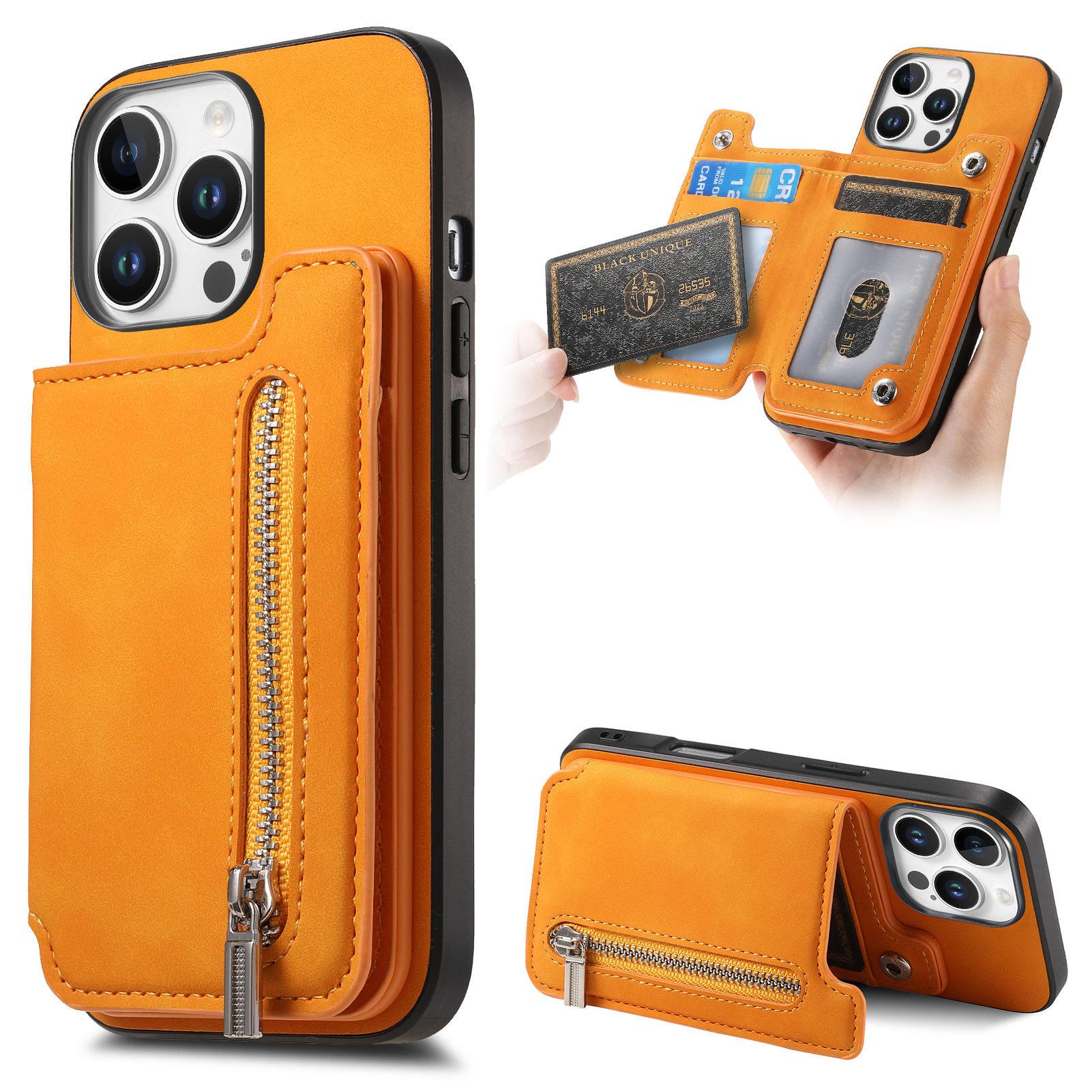 

For iPhone 16 Pro Case Magnetic Detachable Zipper Card Holder Leather+TPU Phone Cover Yellow