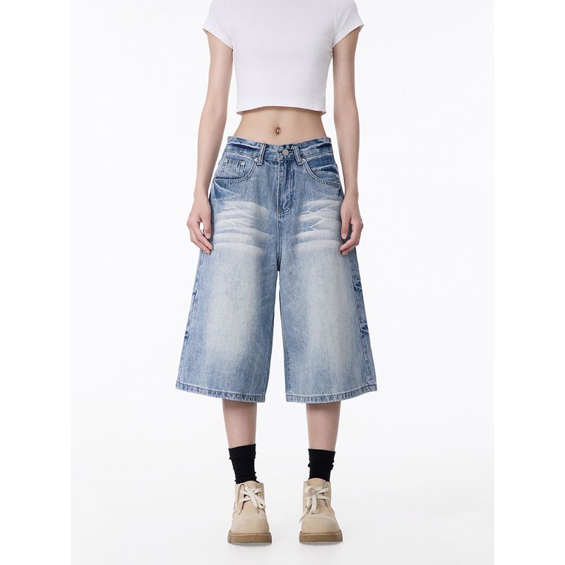 Black of Exit American Retro Washed Denim Shorts Unisex A-Line Loose Fit Cropped Pants Trendy