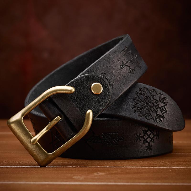 Thickened Handmade Leather First Layer Cowhide Belt Men'S Retro Copper Buckle Embossed British Personality Men'S Belt Men'S