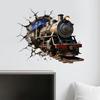 Easy Apply Wall Graphics 3D Retro Train Sticker, Break Through Decal, Peel and Stick Art Lifelike Paper Mural for Kids Room Bedroom Living