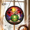 Reusable Halloween Decorative Objects Pumpkin Suncatcher, Stained Glass Style Round Window Hanging Ornament, Acrylic Easy Installation Metal