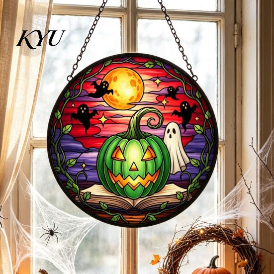 Reusable Halloween Decorative Objects Pumpkin Suncatcher, Stained Glass Style Round Window Hanging Ornament, Acrylic Easy Installation Metal