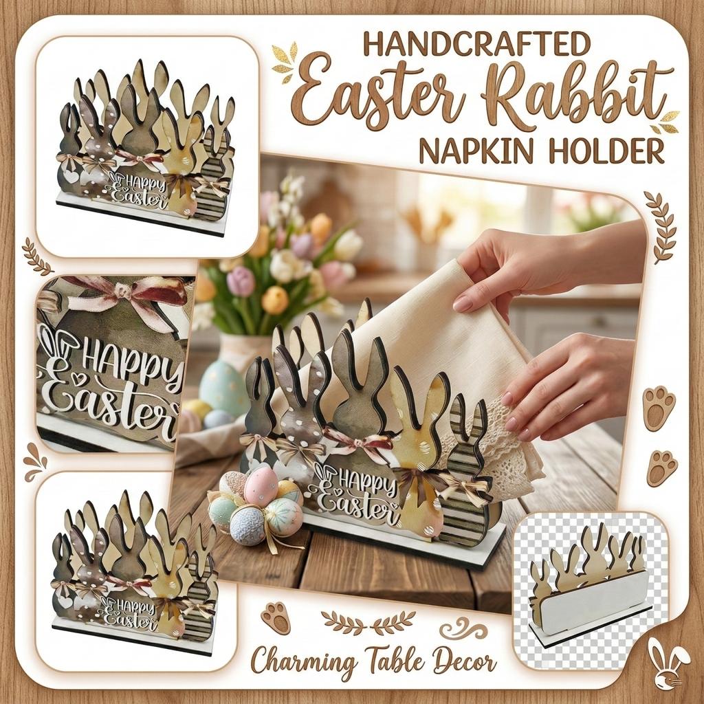 Houten decoratieve plaquette met paashaasje als servettenhouder. Decoratief item.