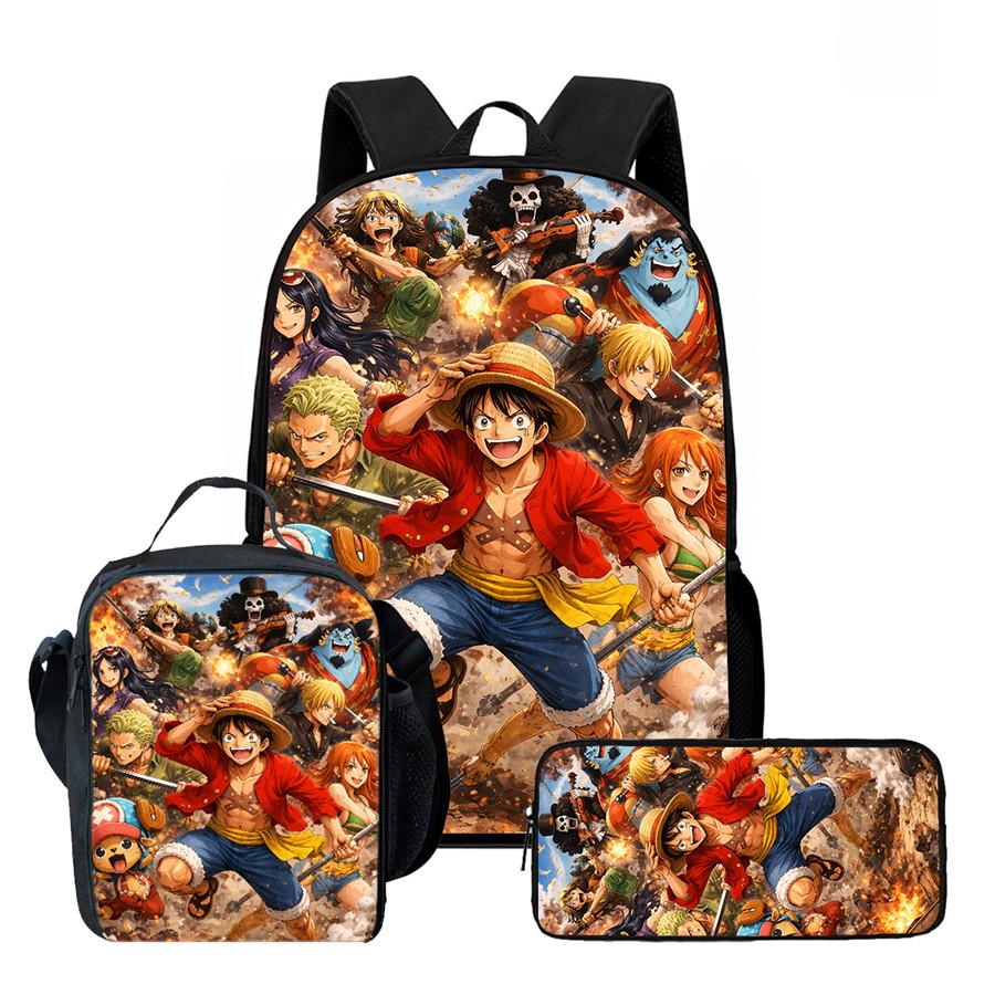 One Piece Anime Backpack 3Pcs Set Cartoon School Backpack Crossbody Bag Pencil Case Student Schoolbag Travel Backpack Gift