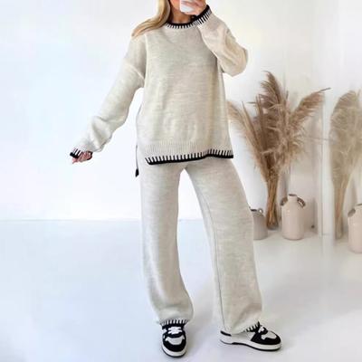 2 Teile/satz Winter Pullover Hosen Set O Hals Lose Stricken Dicken Langen Ärmeln Pullover Breites Bein Warme Hose Täglichen Outfit Schule Homewear Sport Kleidung