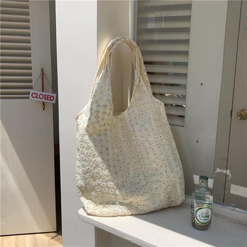 

Elegant Daily Use Canvas Tote Bag For Women With Delicate Floral Lace Soft Polyester Sakura Apricot