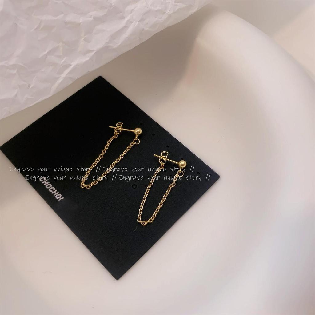 Stainless Steel Chain Tassel Earrings: Light Luxury Bean and Round Ball Studs, Versatile and Exquisite Ear Jewelry