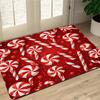 2D Flat Red Peppermint Candy Cane Christmas Pattern Flannel Door Mat Non Slip Holiday Seasonal Rug For Front Porch Decor