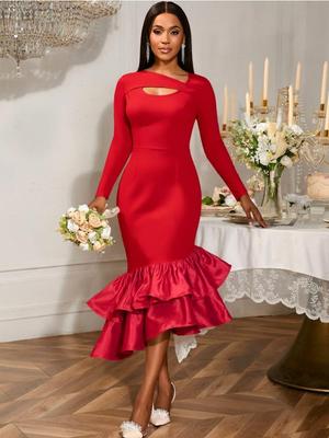 Asymmetrical Mermaid Dress Women Hollow Out Neck Long Sleeve Bodycon Evening Christmas Party Autumn Winter Wedding Guest Gown