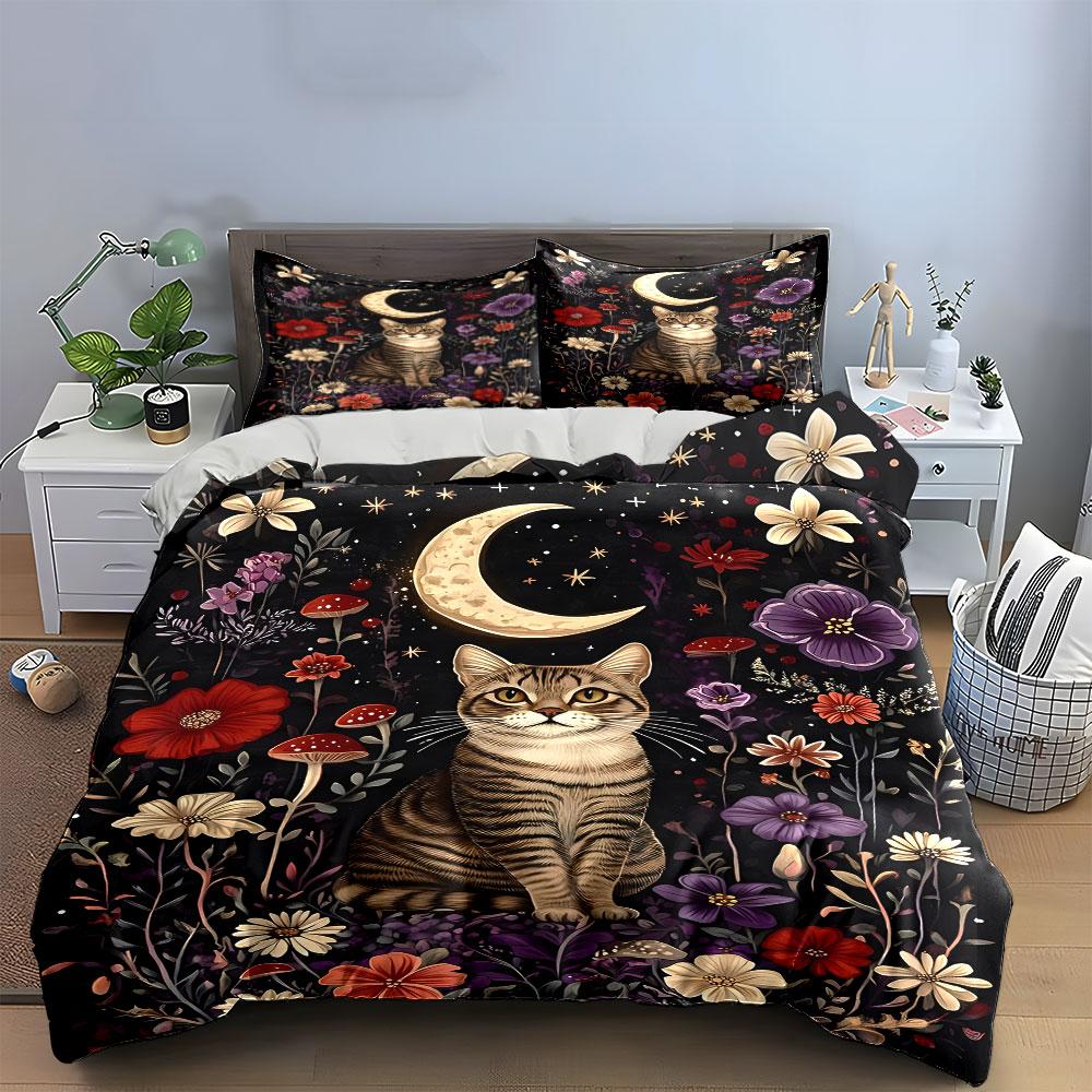 Cat, crescent moon, flowers. Bedding sets Duvet cover sets Duvet covers Pillowcases(1 * Duvet Cover 2 * Pillowcases without duvet insert)