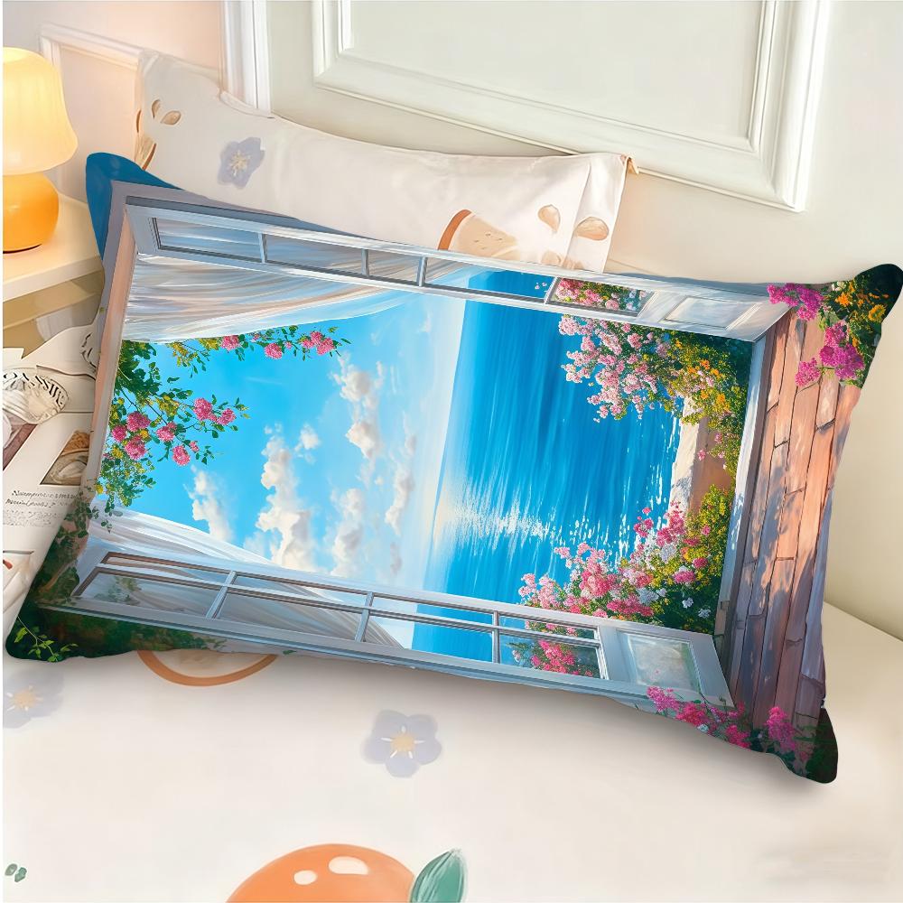 Romantic CoastalPink Roses Tranquil Blue Waters Cushion Cover Rectangle Pillow Case Printing Bedside Sofa Decoration Pillowcase