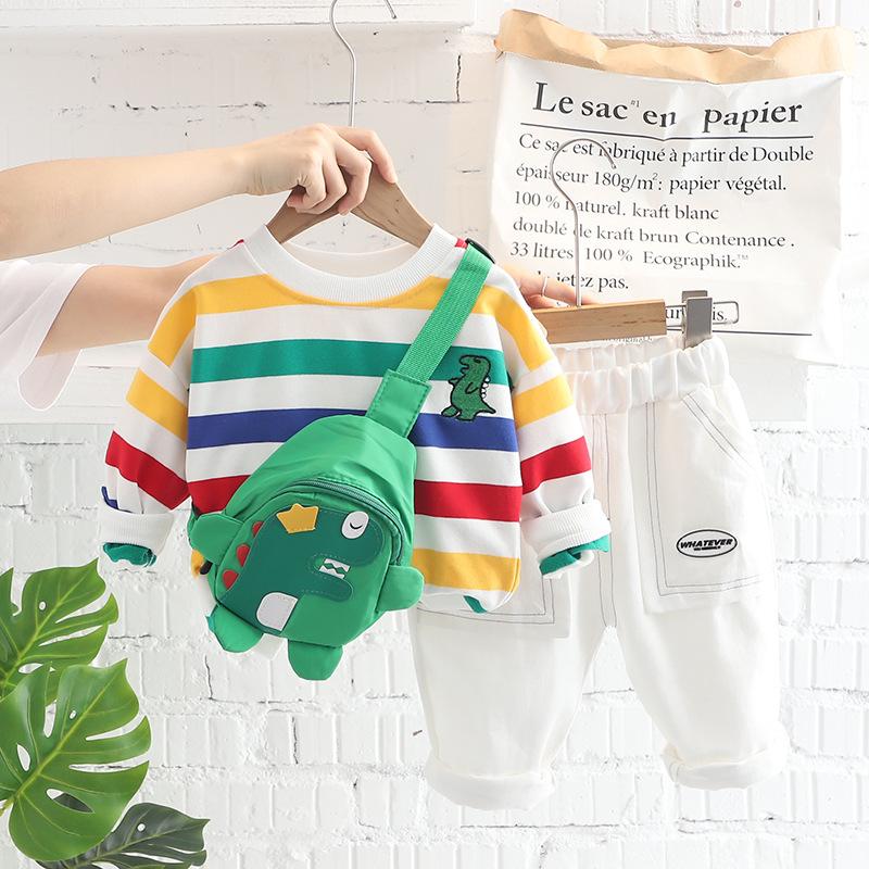 Children's Autumn Clothing Set for Boys and Girls Striped Round Neck Jeans Two-piece Set with Bag